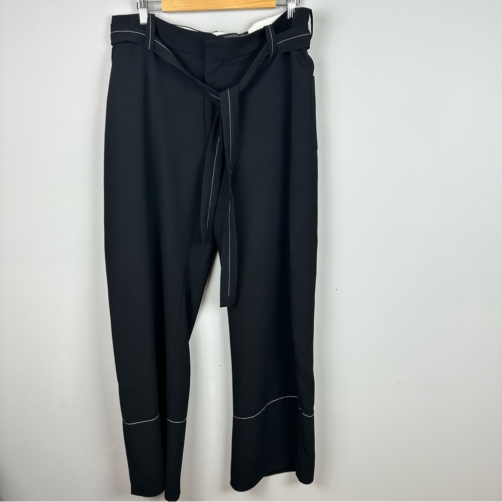 Zara Wide Leg Contrast Stitch Pants with Belt sz XL - Picture 3 of 5